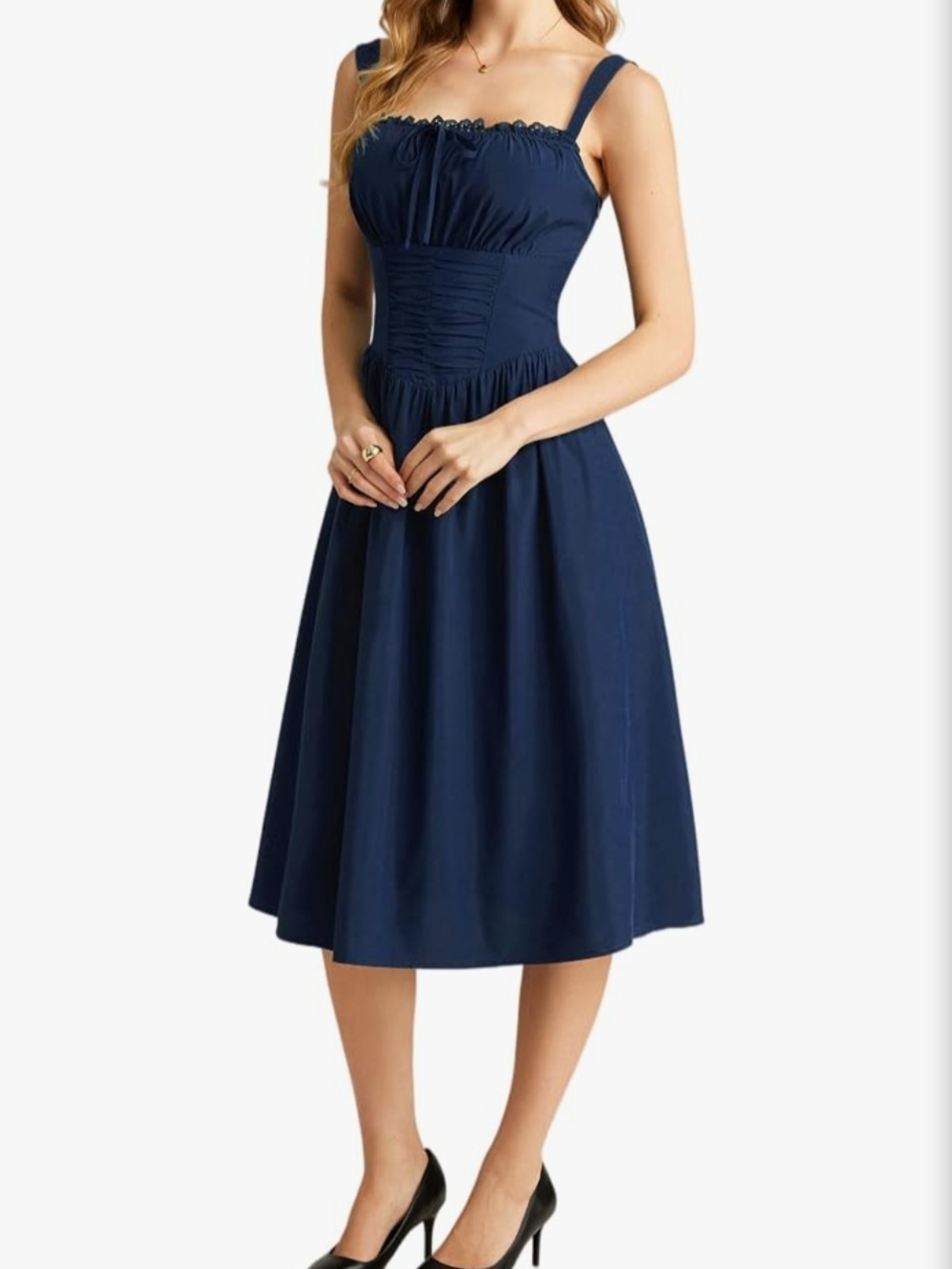 Navy Sleeveless Midi Dress with Ruched Bodice And Pockets